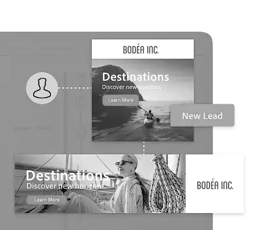 Greyscale image of a New Lead interface with sample display ads of kayaking and sailing pictured with the text "Bodea Inc. Destination. Discover new horizons. Learn More."